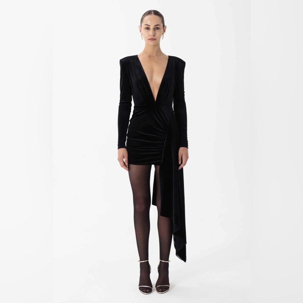 Ronny Kobo Velvet Dress Fitted Jet Black Mini Dress with Asymmetric Draping